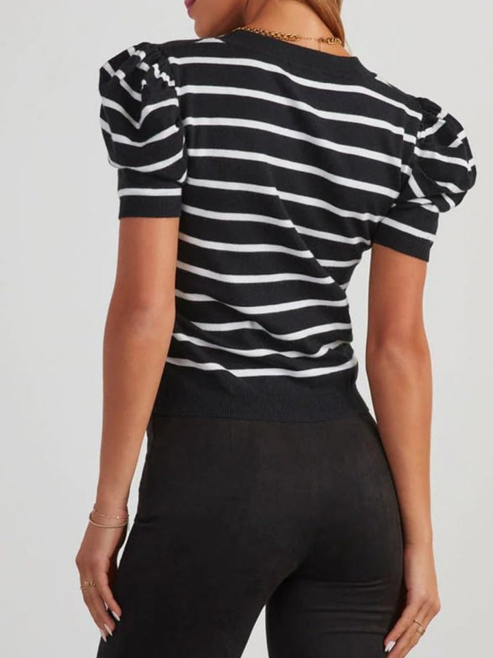 Striped Round Neck Puff Sleeve Knit Top - AMVIM | SKU: 100100654806933