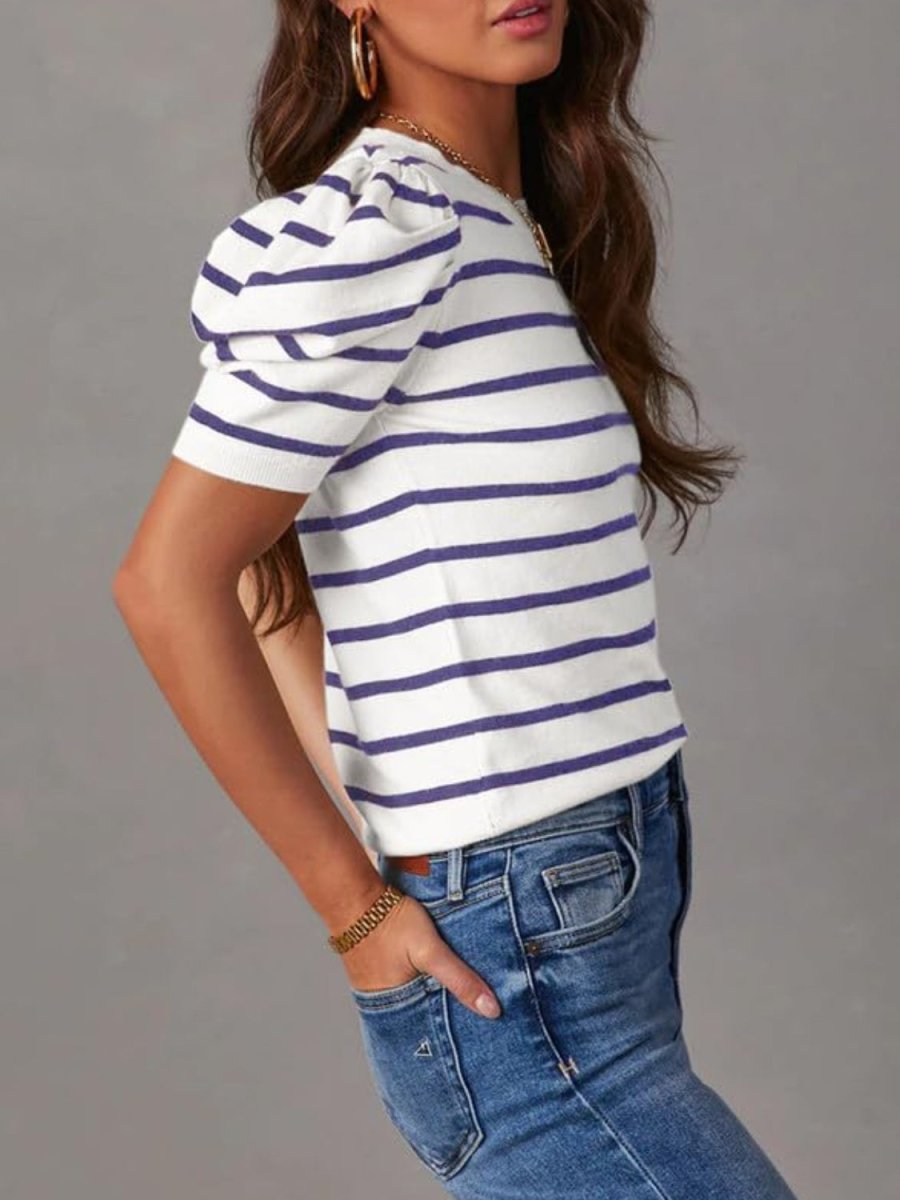 Striped Round Neck Puff Sleeve Knit Top - AMVIM | SKU: 100100654806933