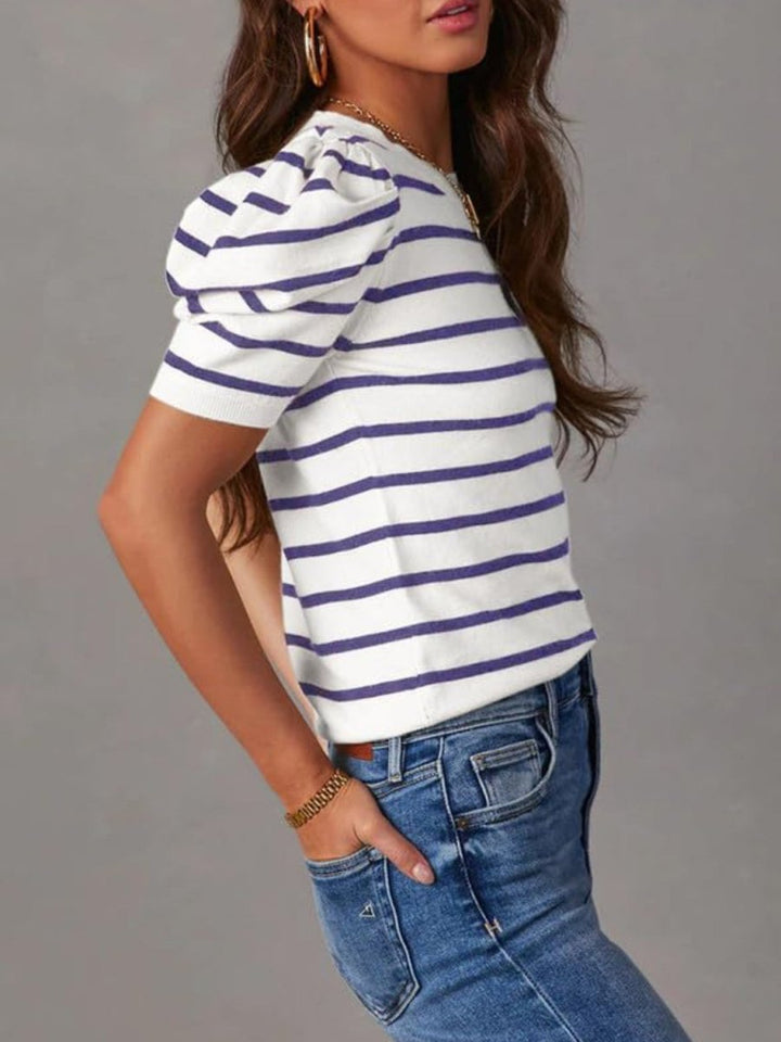 Striped Round Neck Puff Sleeve Knit Top - AMVIM | SKU: 100100654806933