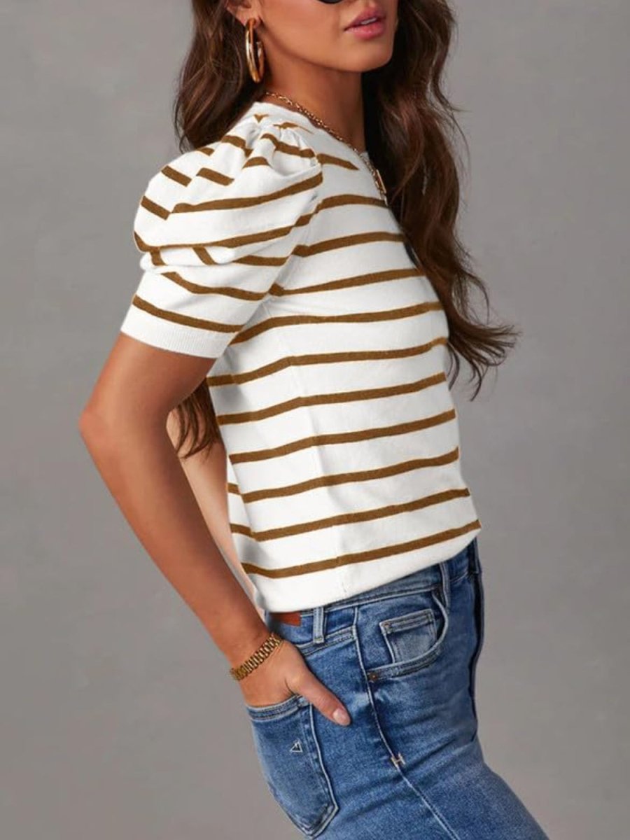 Striped Round Neck Puff Sleeve Knit Top - AMVIM | SKU: 100100654806933