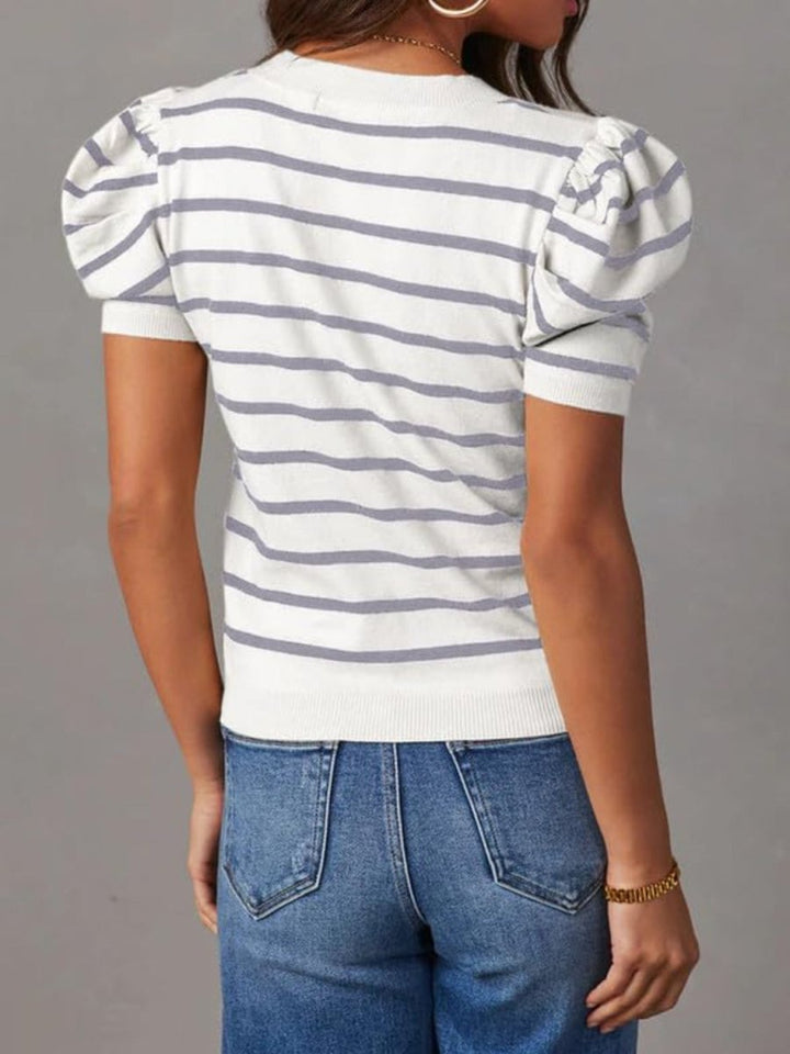 Striped Round Neck Puff Sleeve Knit Top - AMVIM | SKU: 100100654806933
