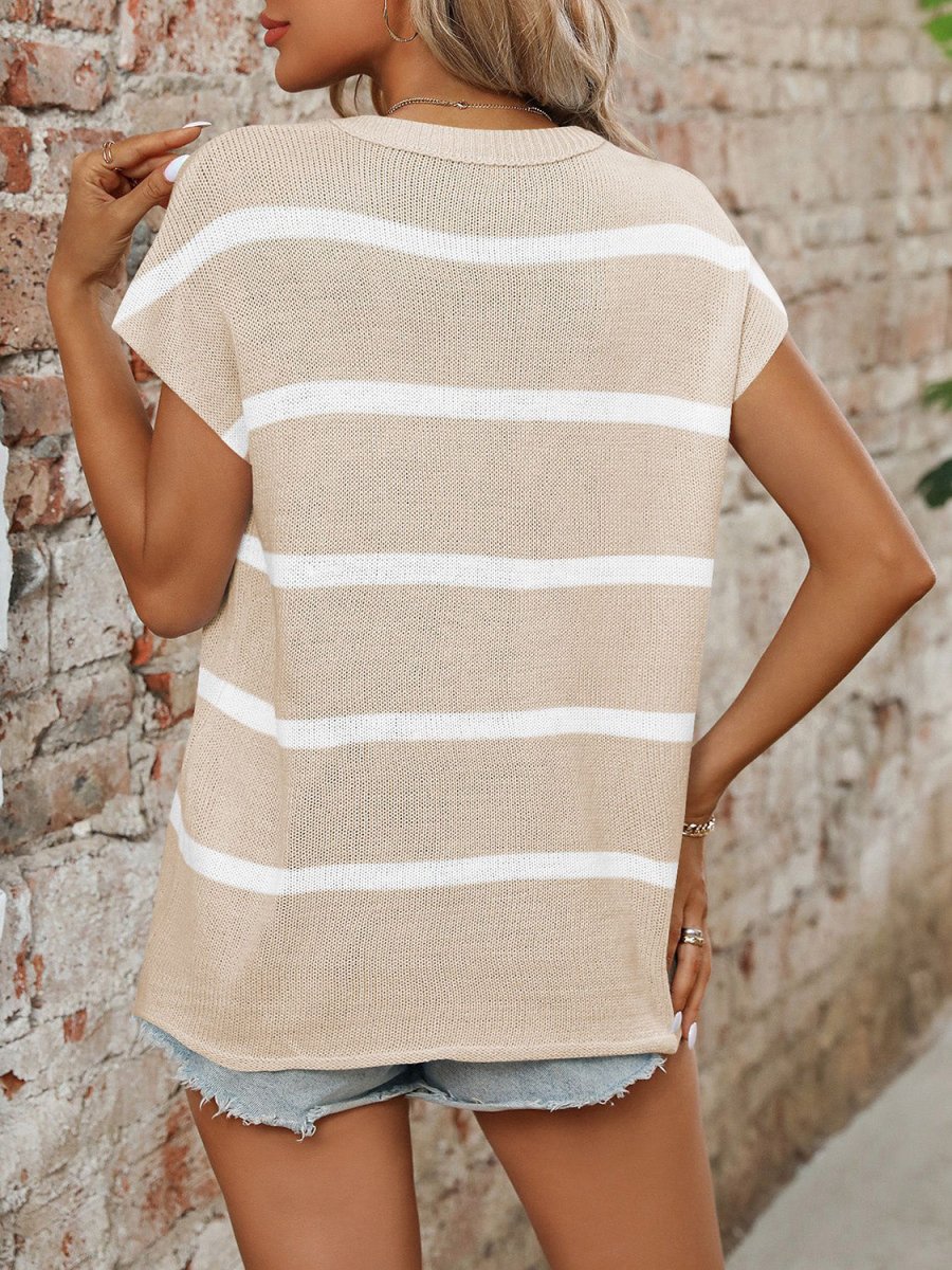 Striped Round Neck Short Sleeve Knit Top - AMVIM