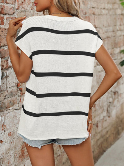 Striped Round Neck Short Sleeve Knit Top - AMVIM