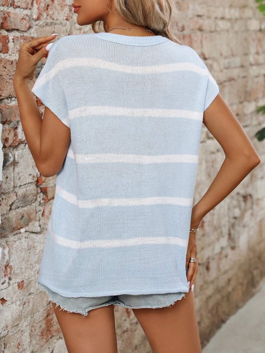 Striped Round Neck Short Sleeve Knit Top - AMVIM