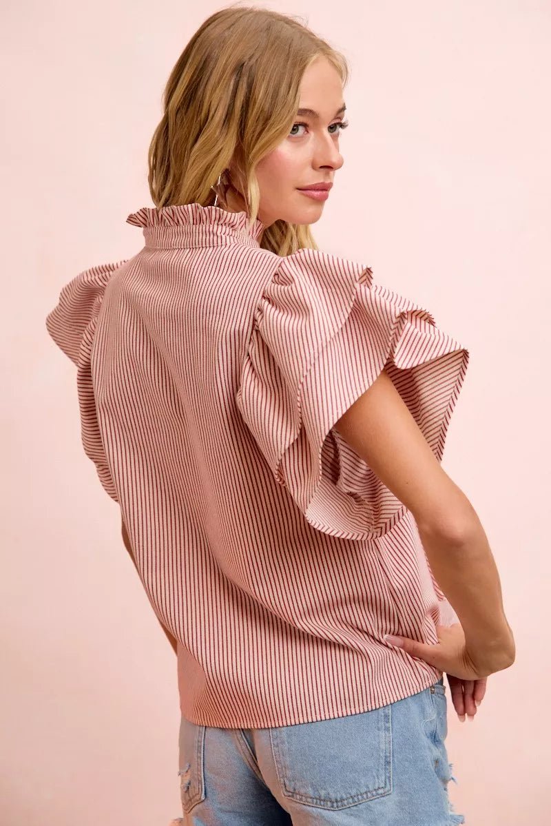 Striped Ruffle Sleeve Blouse - AMVIM