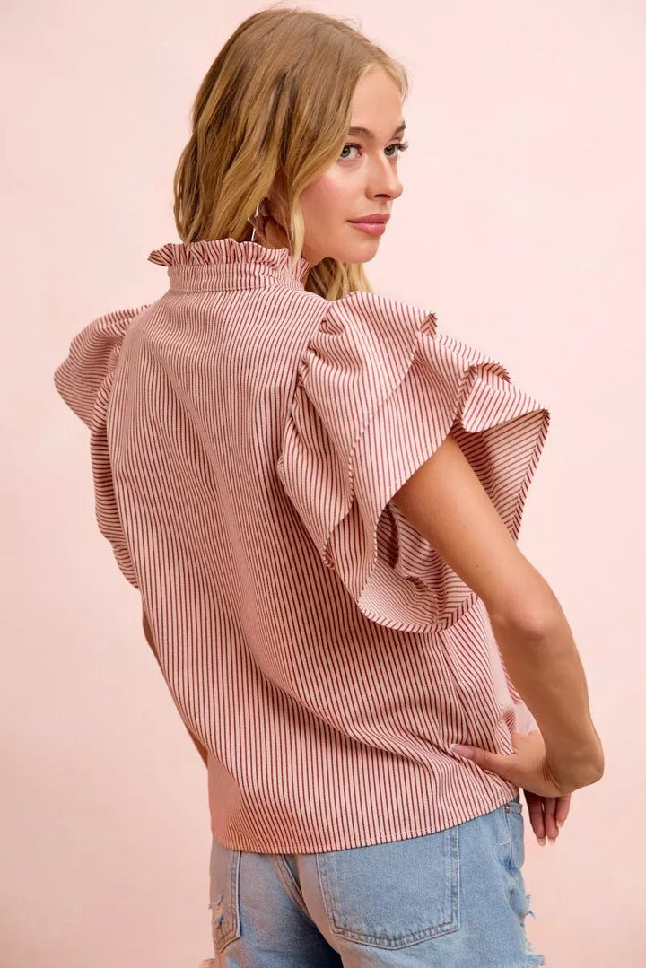 Striped Ruffle Sleeve Blouse - AMVIM