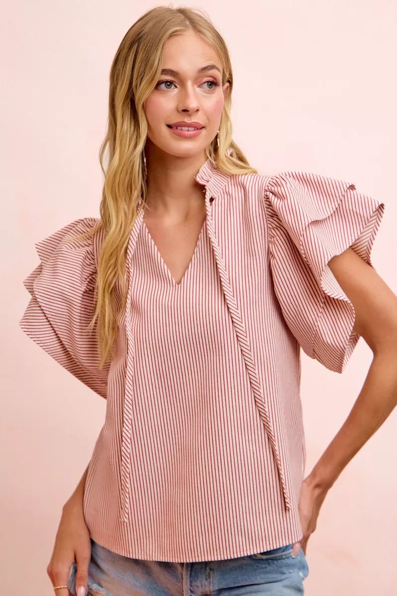 Striped Ruffle Sleeve Blouse - AMVIM