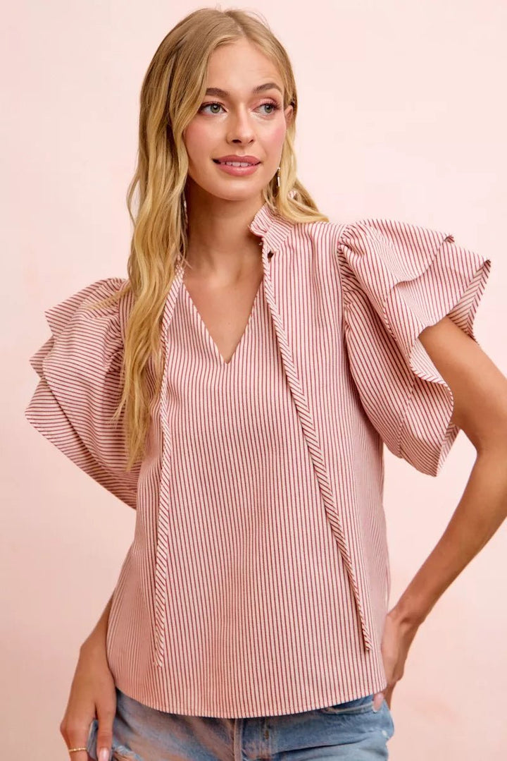 Striped Ruffle Sleeve Blouse - AMVIM