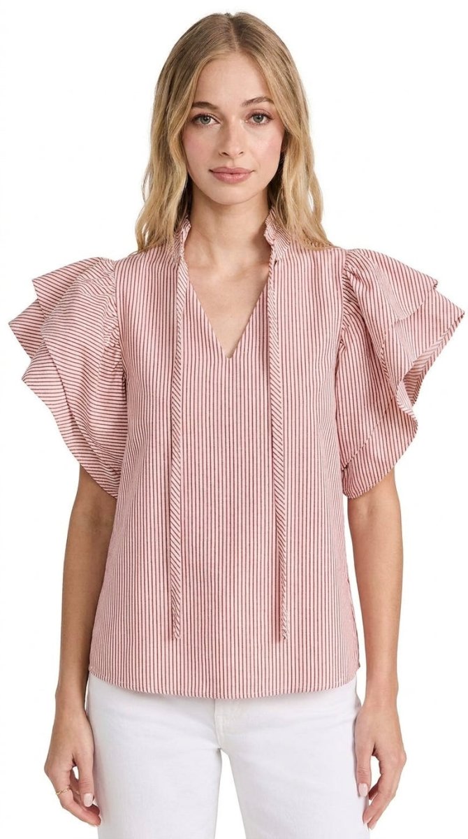 Striped Ruffle Sleeve Blouse - AMVIM