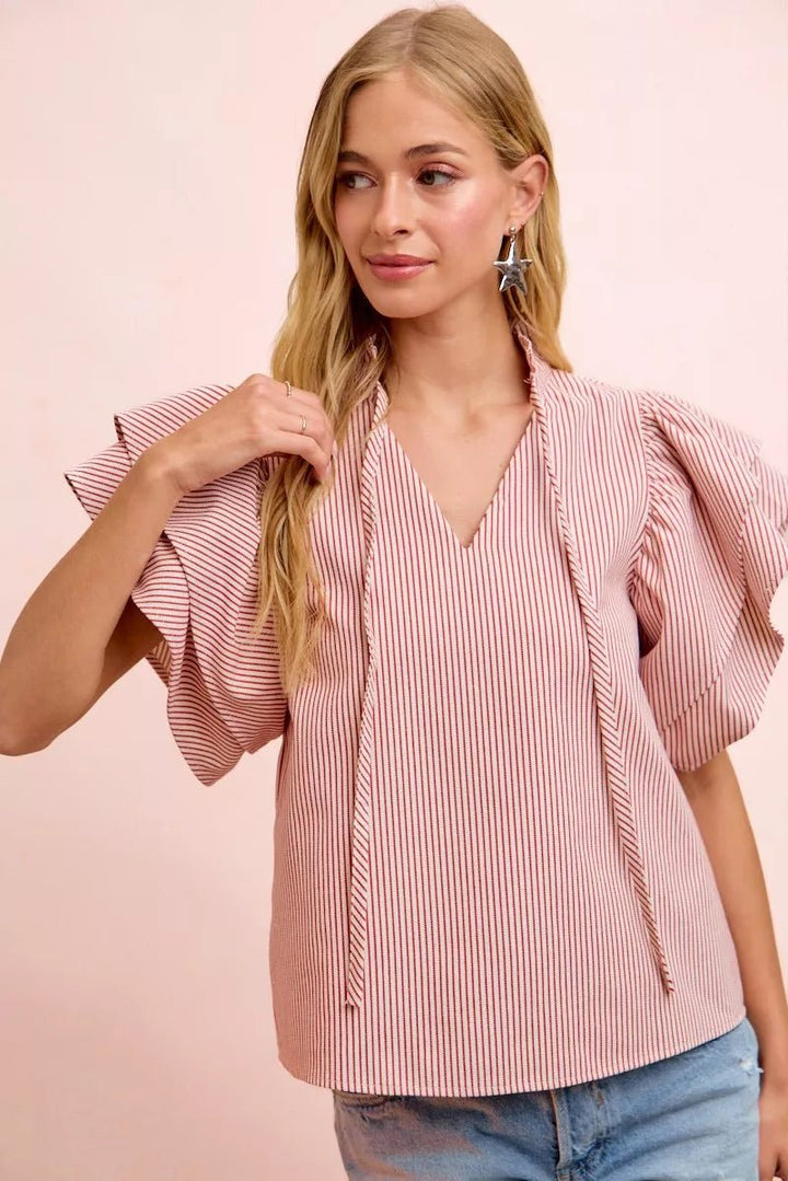 Striped Ruffle Sleeve Blouse - AMVIM