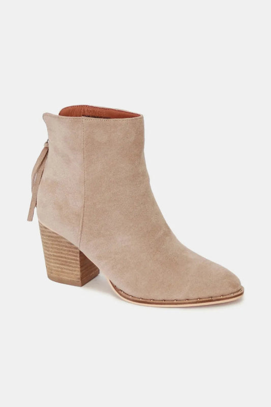 Suede point toe ankle booties with mid stacked heel - AMVIM