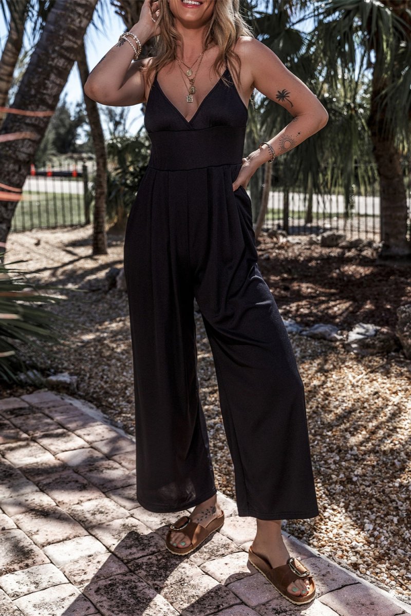 Surplice Spaghetti Strap Wide Leg Jumpsuit - AMVIM