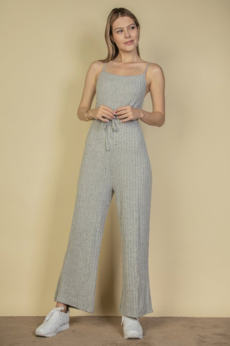 Sweater - knit Fuzzy Frenchy Tie Front Cami Jumpsuit - AMVIM