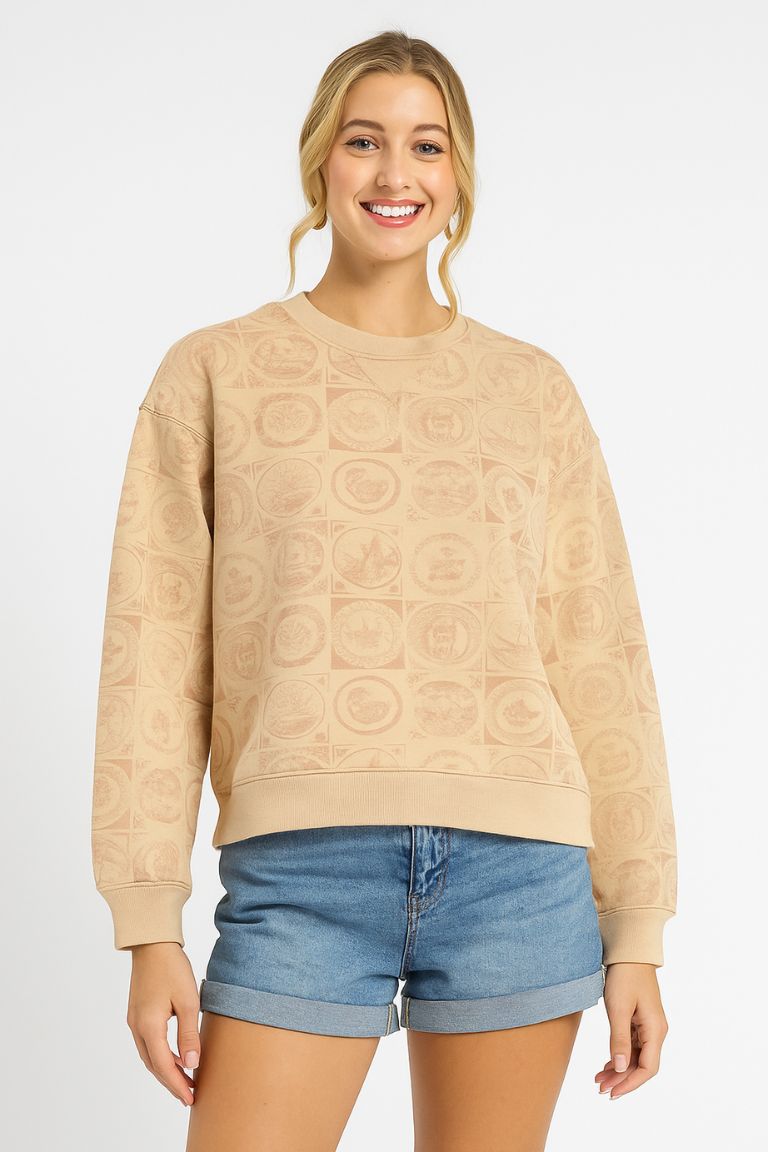 Sweatshirt Tan Coin Stamp Print Pullover Cotton Blend - AMVIM