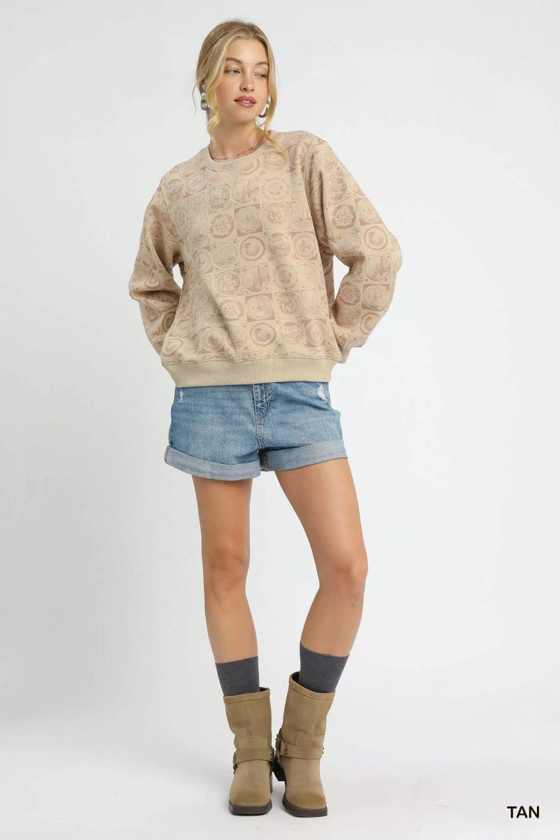 Sweatshirt Tan Coin Stamp Print Pullover Cotton Blend - AMVIM
