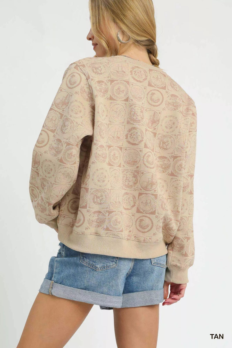 Sweatshirt Tan Coin Stamp Print Pullover Cotton Blend - AMVIM