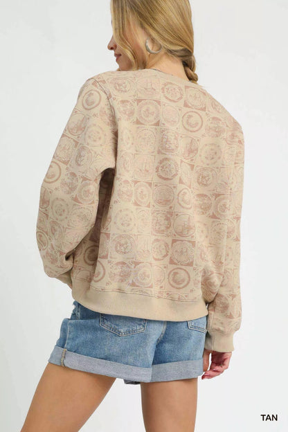 Sweatshirt Tan Coin Stamp Print Pullover Cotton Blend - AMVIM