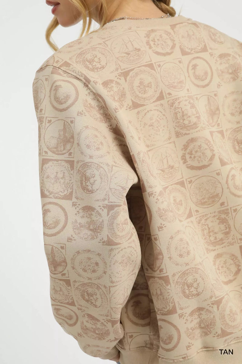 Sweatshirt Tan Coin Stamp Print Pullover Cotton Blend - AMVIM