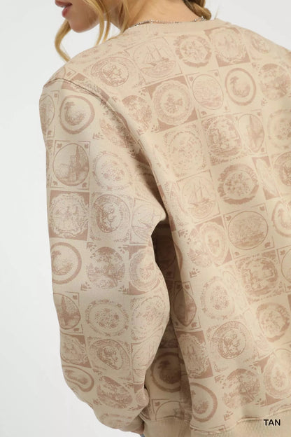Sweatshirt Tan Coin Stamp Print Pullover Cotton Blend - AMVIM