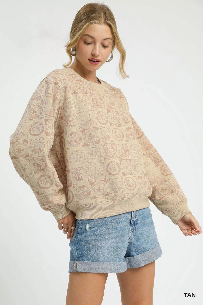 Sweatshirt Tan Coin Stamp Print Pullover Cotton Blend - AMVIM