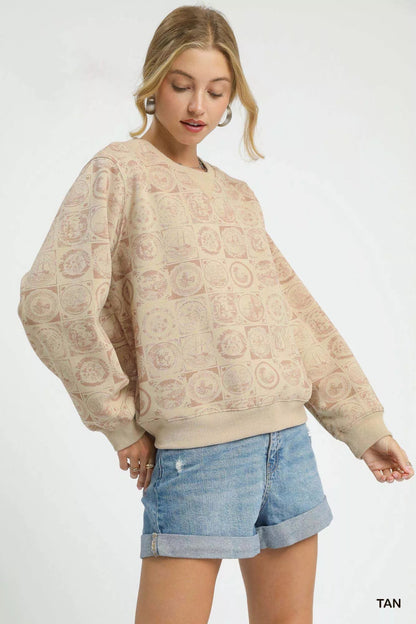 Sweatshirt Tan Coin Stamp Print Pullover Cotton Blend - AMVIM