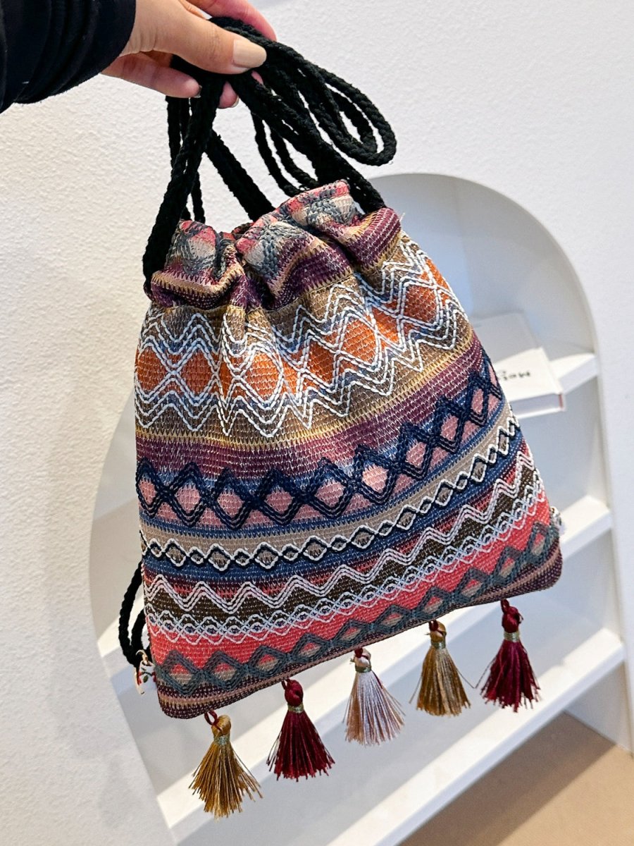 Tassel Geometric Canvas Backpack Bag - AMVIM