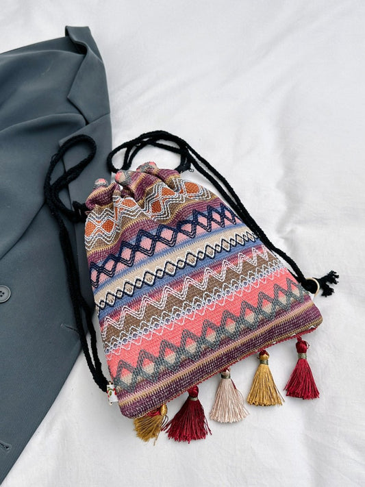 Tassel Geometric Canvas Backpack Bag - AMVIM