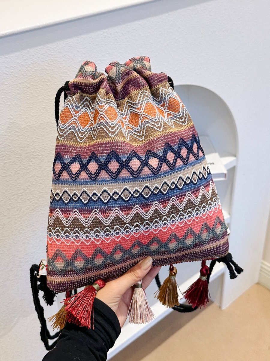 Tassel Geometric Canvas Backpack Bag - AMVIM