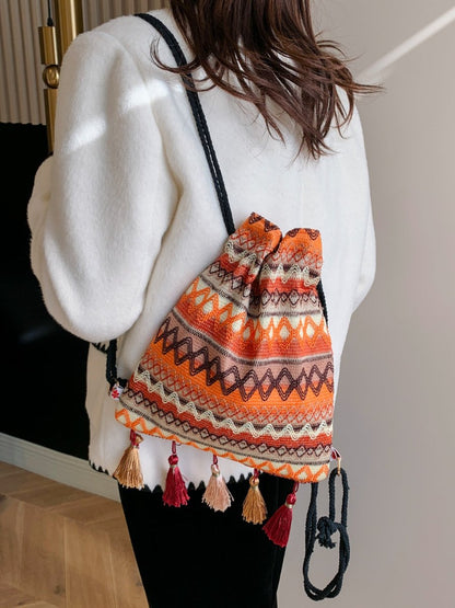 Tassel Geometric Canvas Backpack Bag - AMVIM