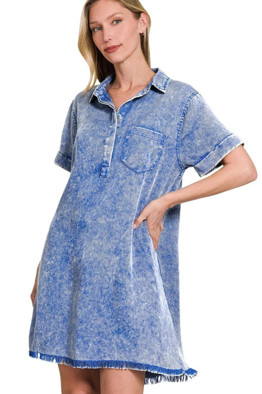Tencel mineral washed shirt dress with collar – 100% TENCEL - AMVIM