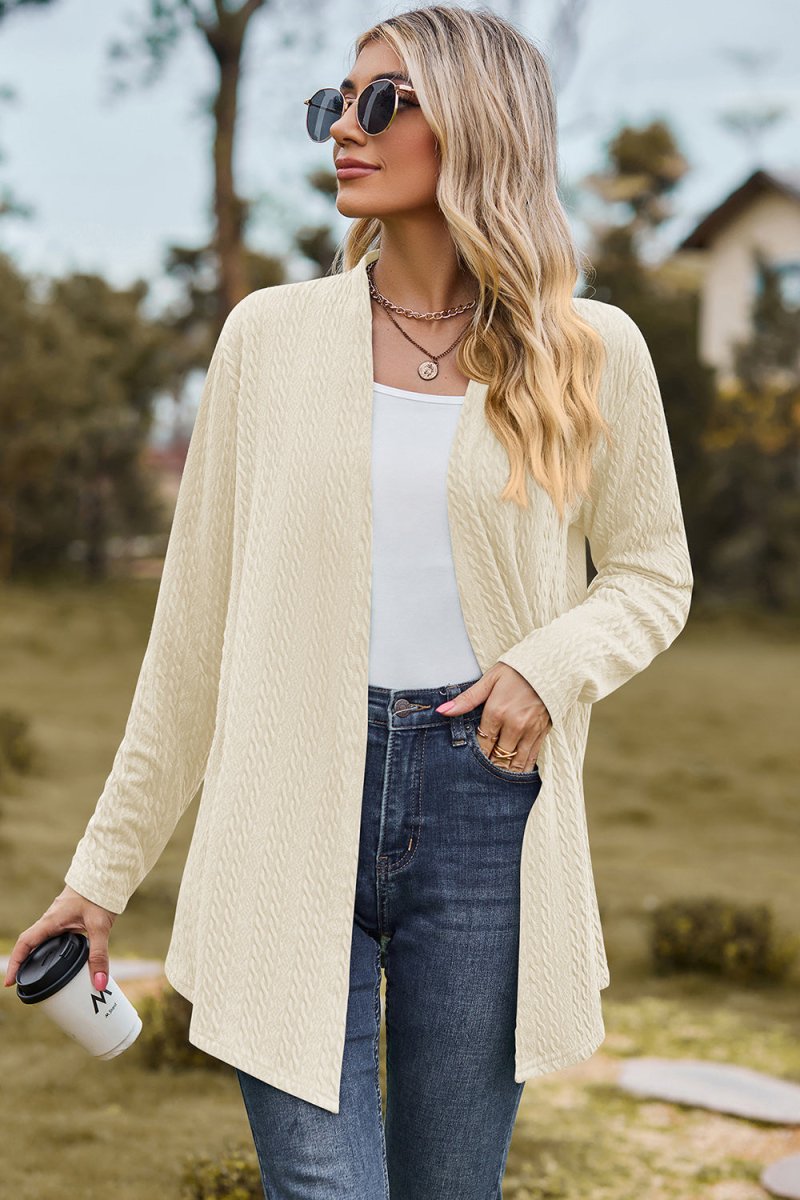 Textured Open Front Long Sleeve Cardigan - AMVIM
