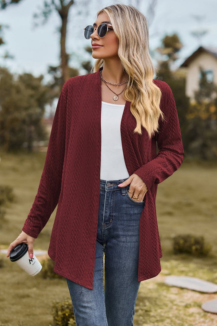 Textured Open Front Long Sleeve Cardigan - AMVIM