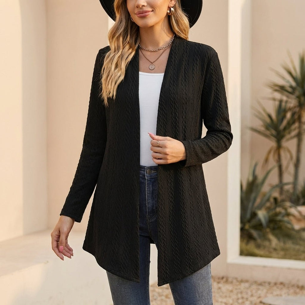 Textured Open Front Long Sleeve Cardigan - AMVIM