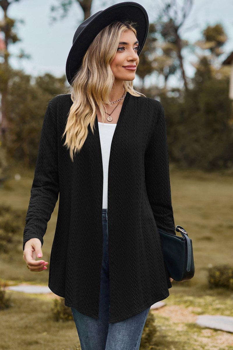 Textured Open Front Long Sleeve Cardigan - AMVIM