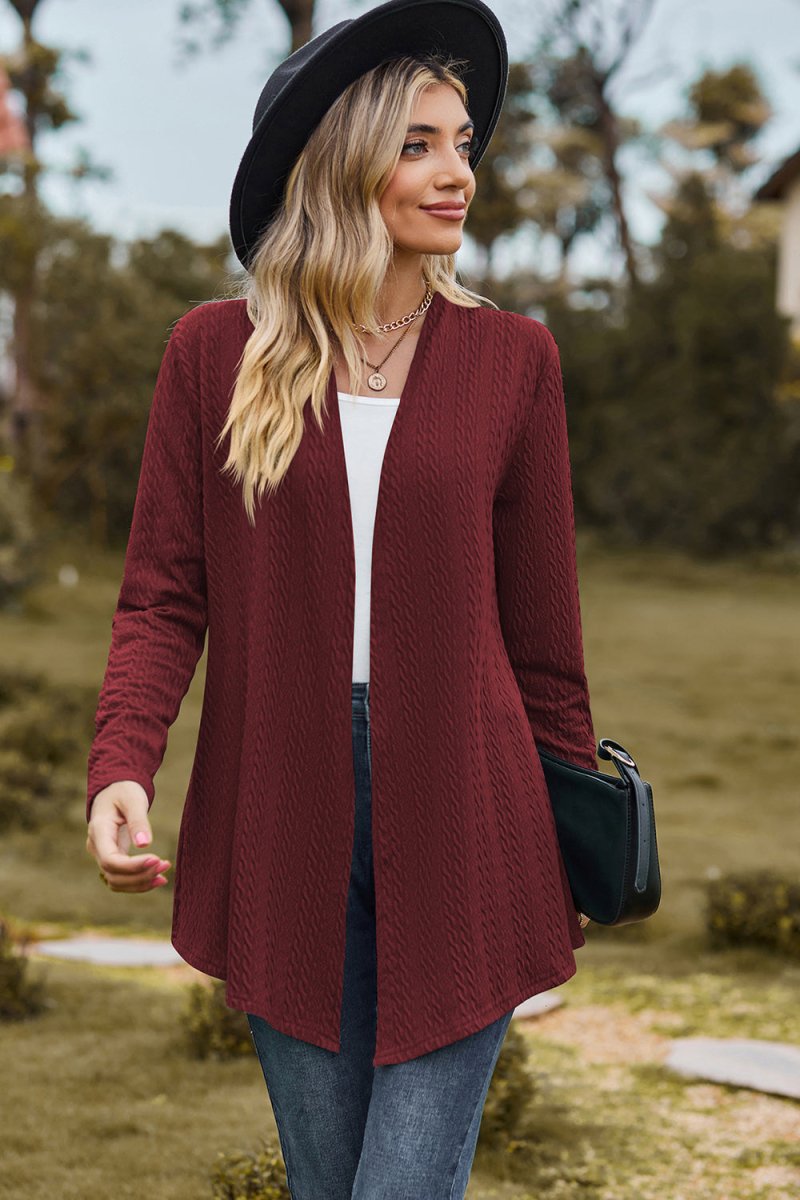 Textured Open Front Long Sleeve Cardigan - AMVIM