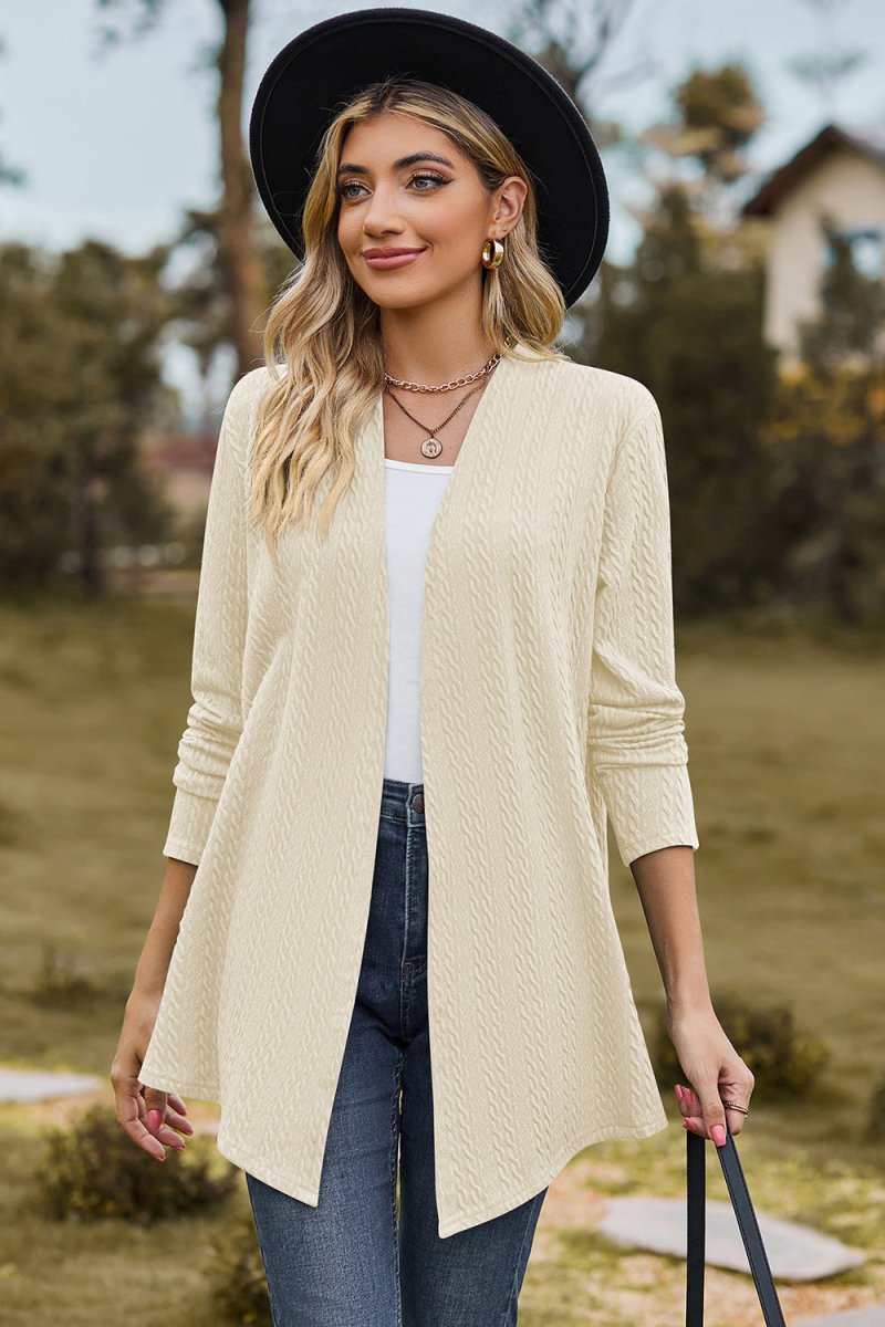 Textured Open Front Long Sleeve Cardigan - AMVIM