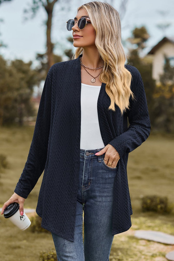 Textured Open Front Long Sleeve Cardigan - AMVIM