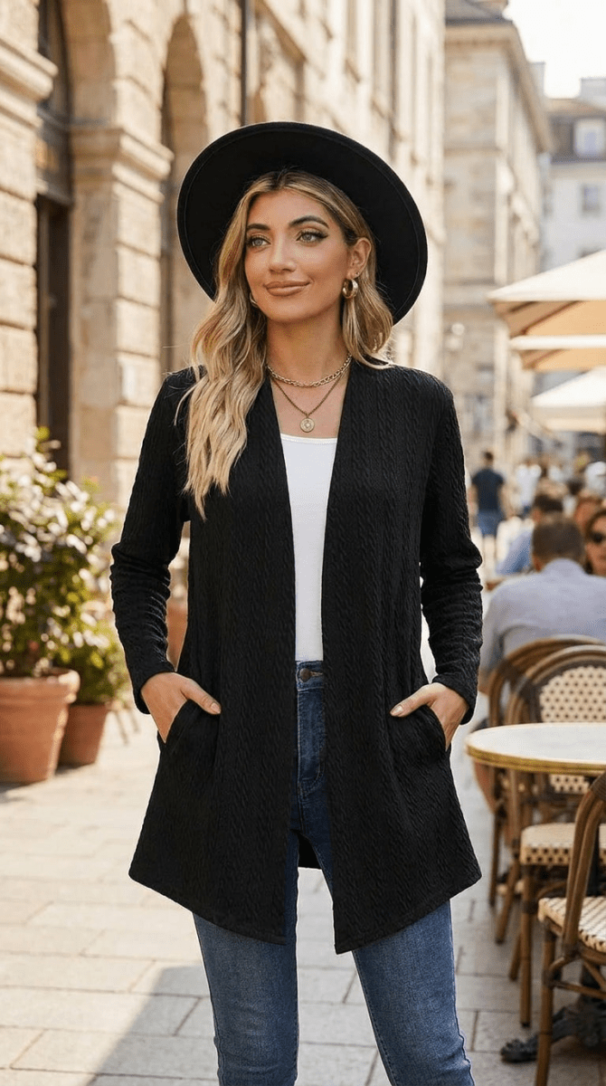 Textured Open Front Long Sleeve Cardigan - AMVIM