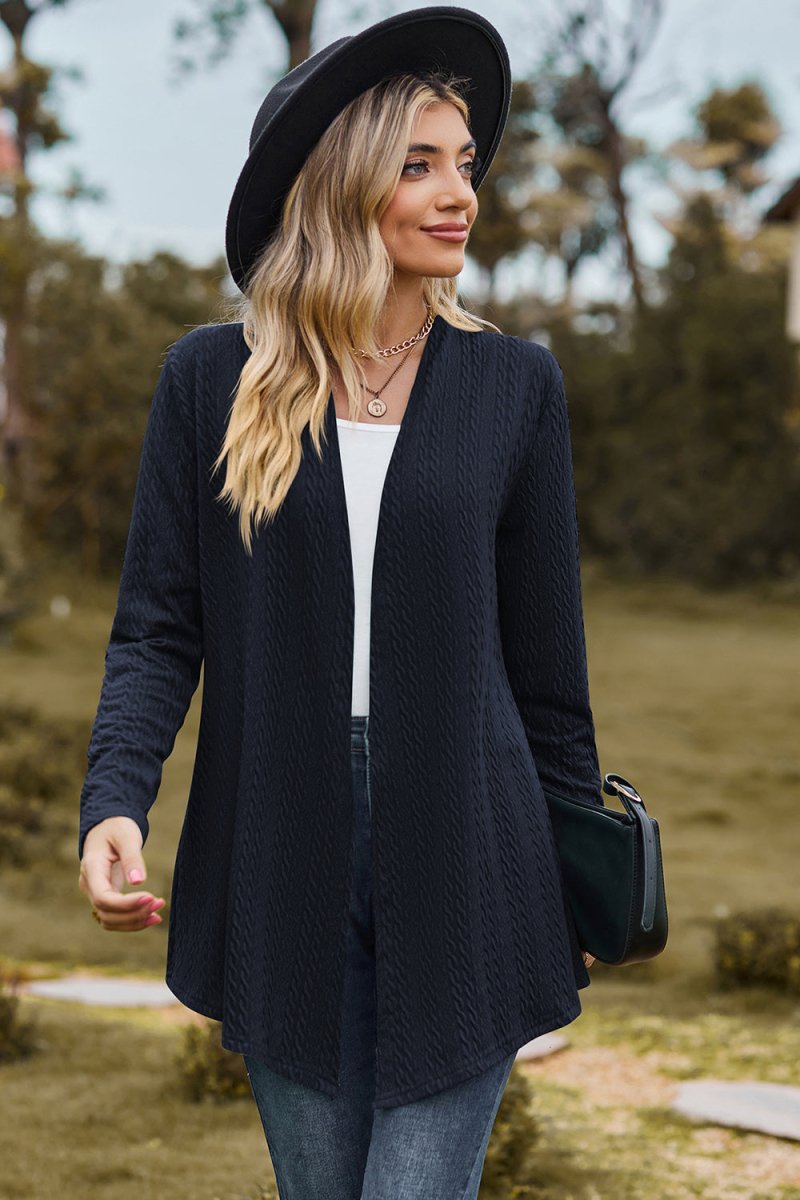 Textured Open Front Long Sleeve Cardigan - AMVIM