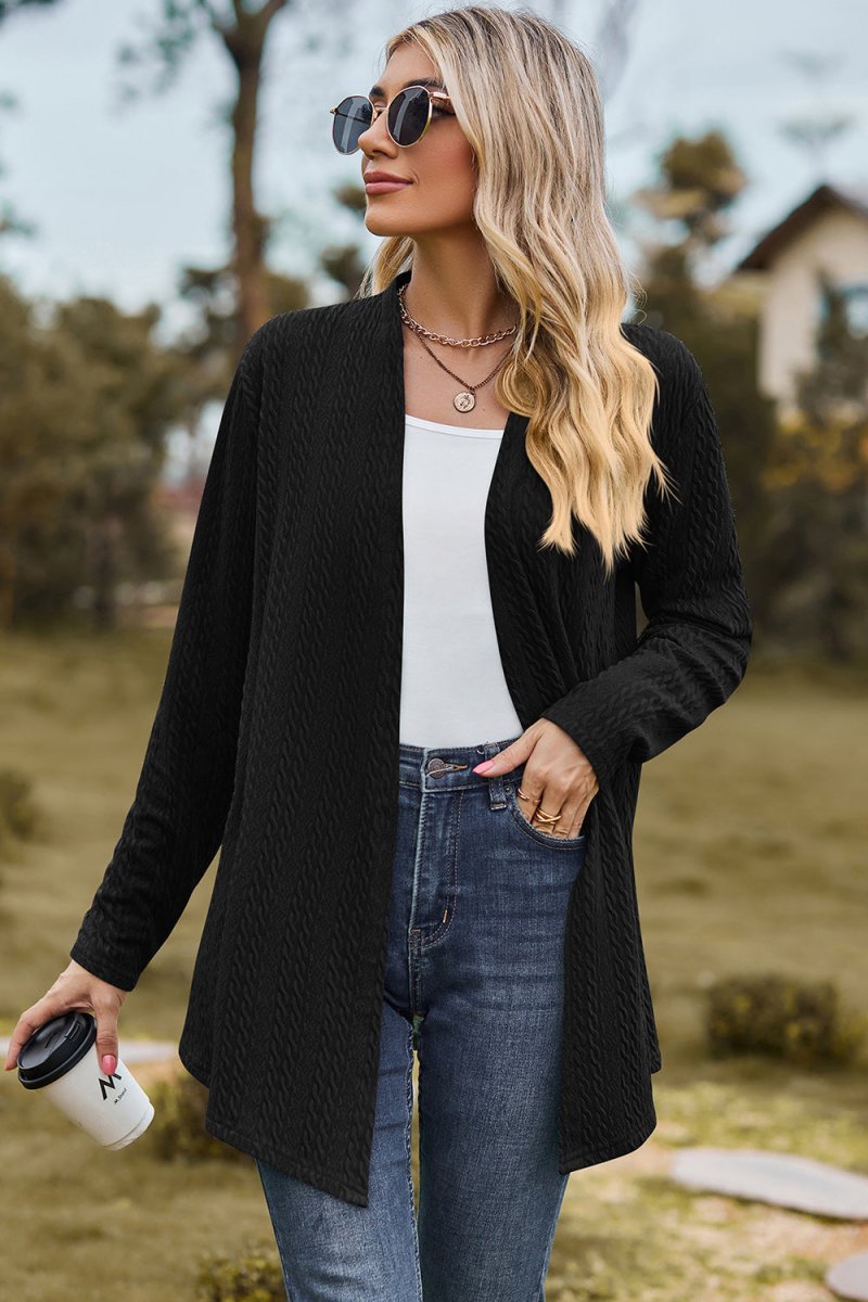 Textured Open Front Long Sleeve Cardigan - AMVIM
