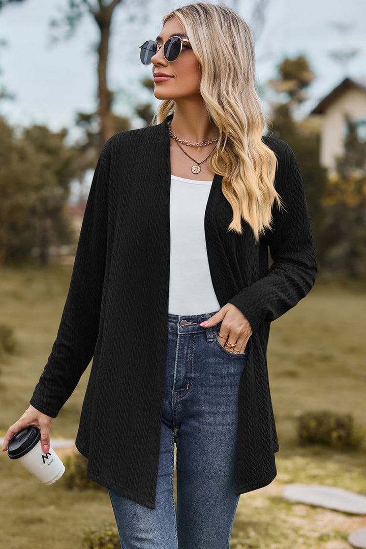 Textured Open Front Long Sleeve Cardigan - AMVIM