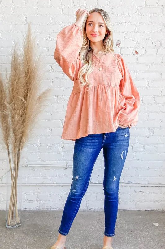 Textured V - Neck Flowy Ruffle Blouse for Office or Casual - AMVIM