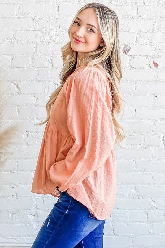 Textured V - Neck Flowy Ruffle Blouse for Office or Casual - AMVIM