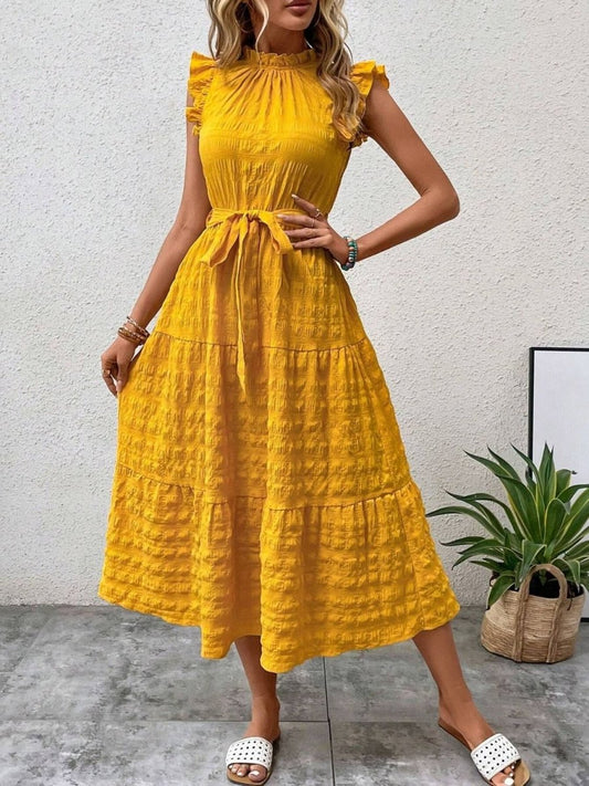 Tied Ruffled Cap Sleeve Midi Dress - AMVIM