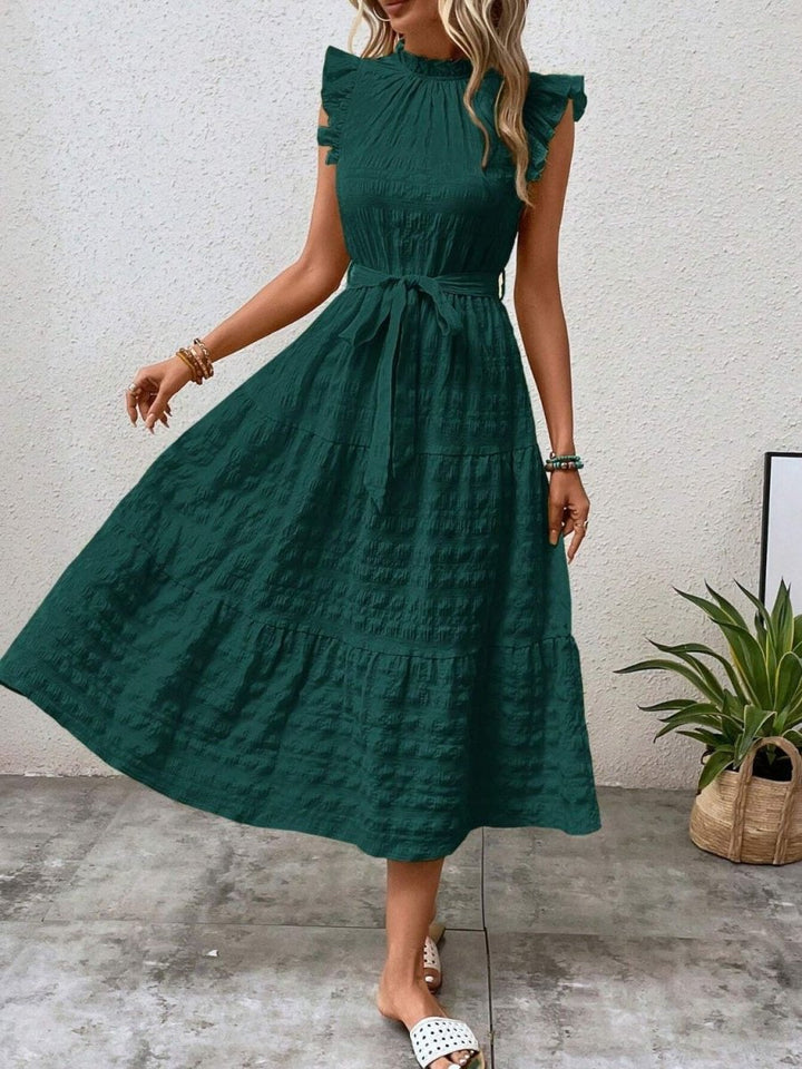 Tied Ruffled Cap Sleeve Midi Dress - AMVIM