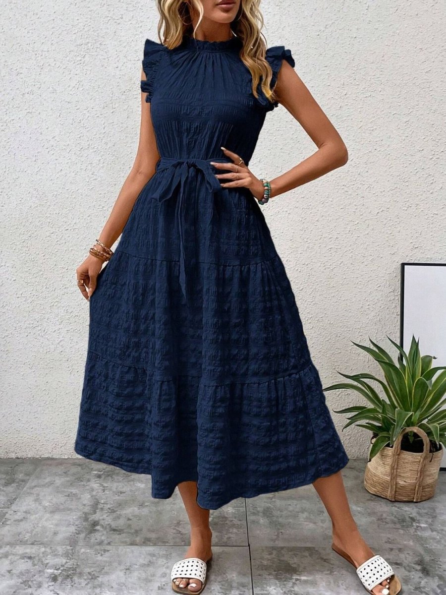 Tied Ruffled Cap Sleeve Midi Dress - AMVIM