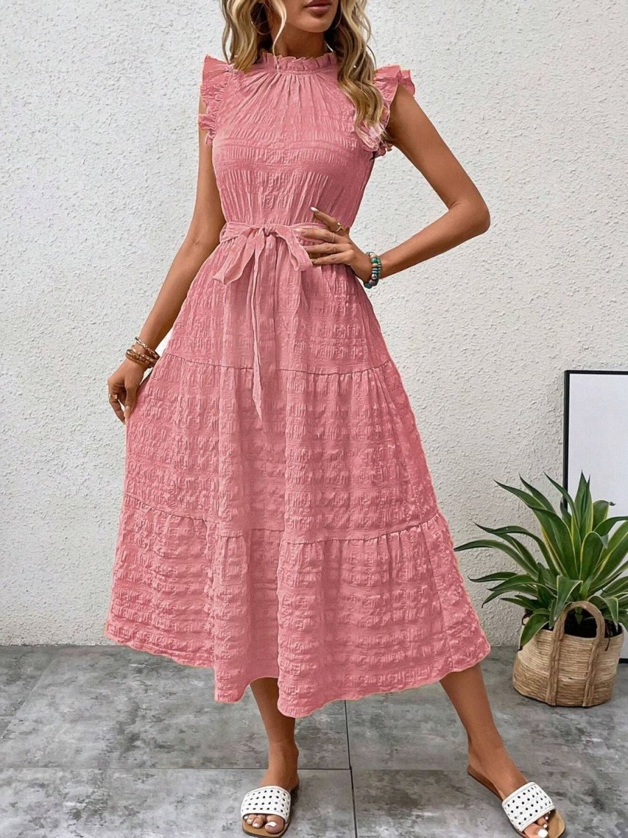 Tied Ruffled Cap Sleeve Midi Dress - AMVIM
