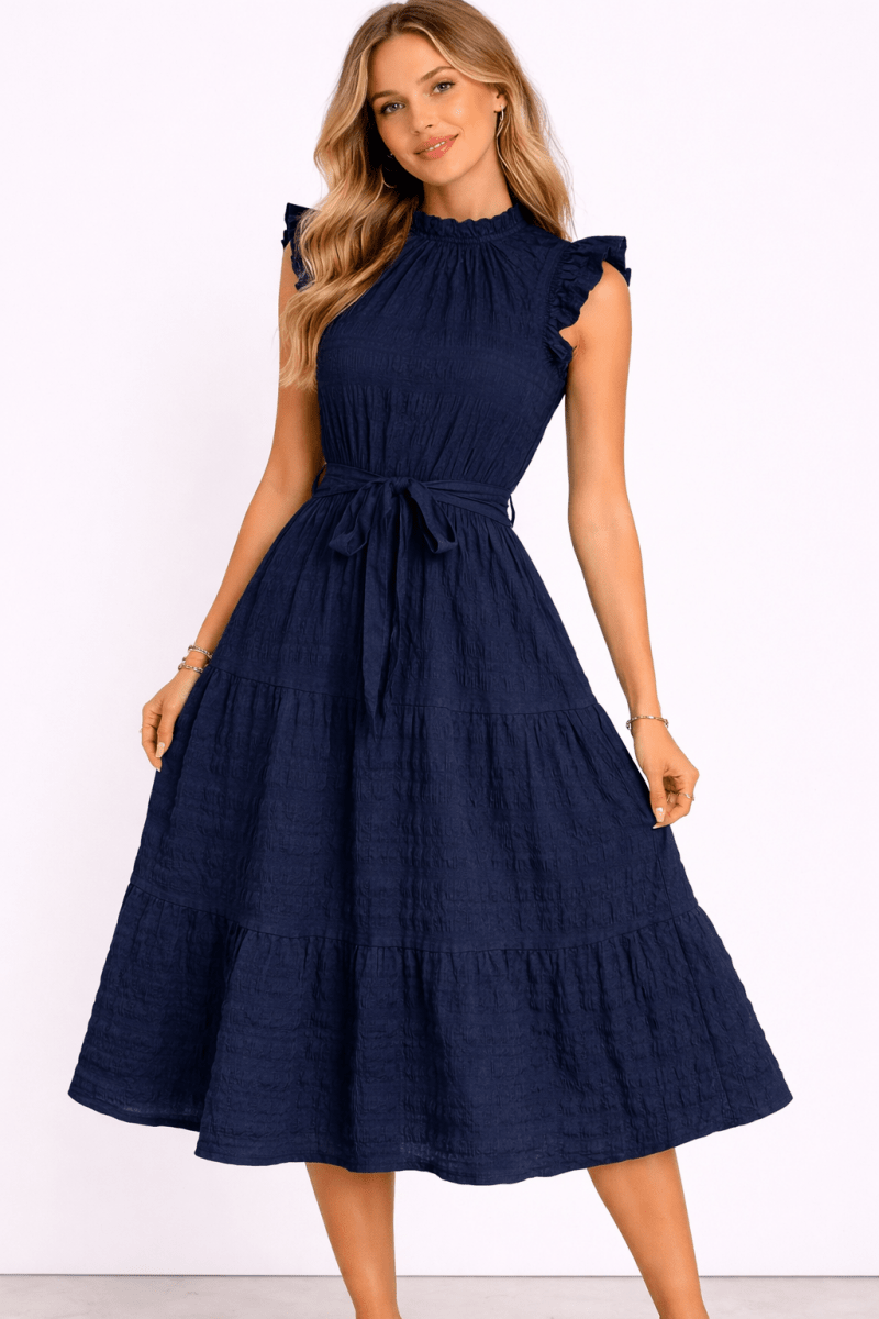 Tied Ruffled Cap Sleeve Midi Dress - AMVIM