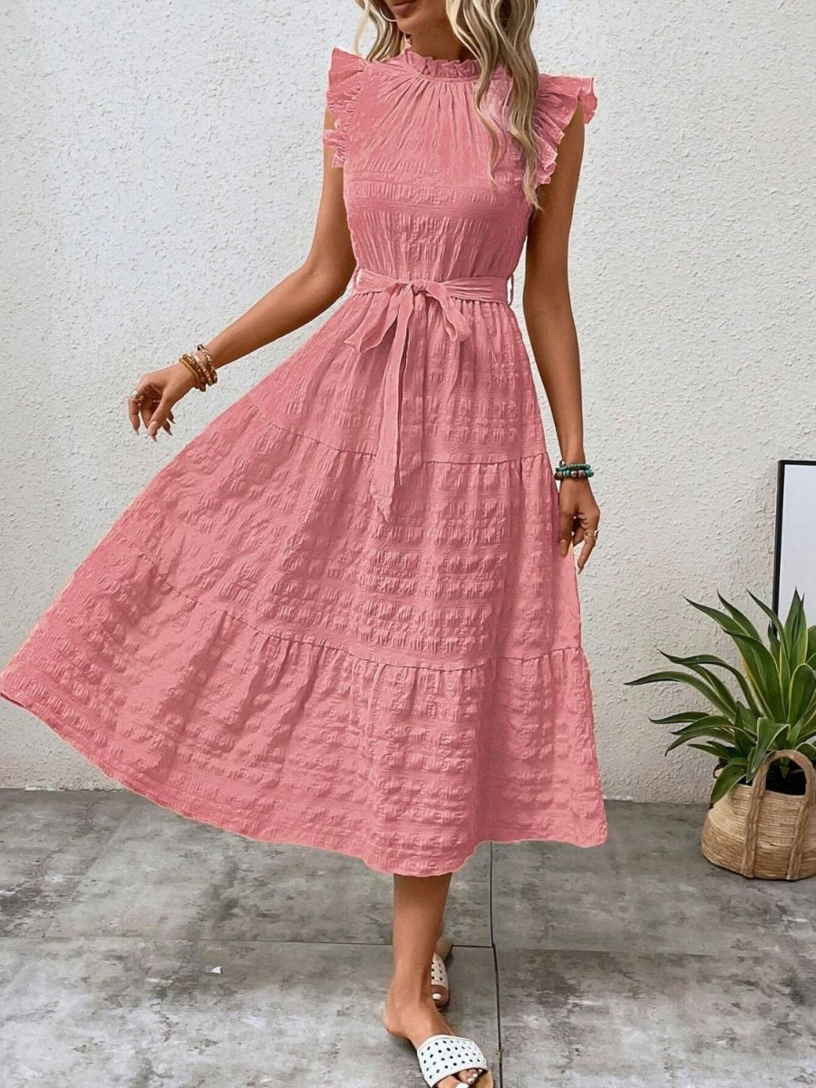 Tied Ruffled Cap Sleeve Midi Dress - AMVIM
