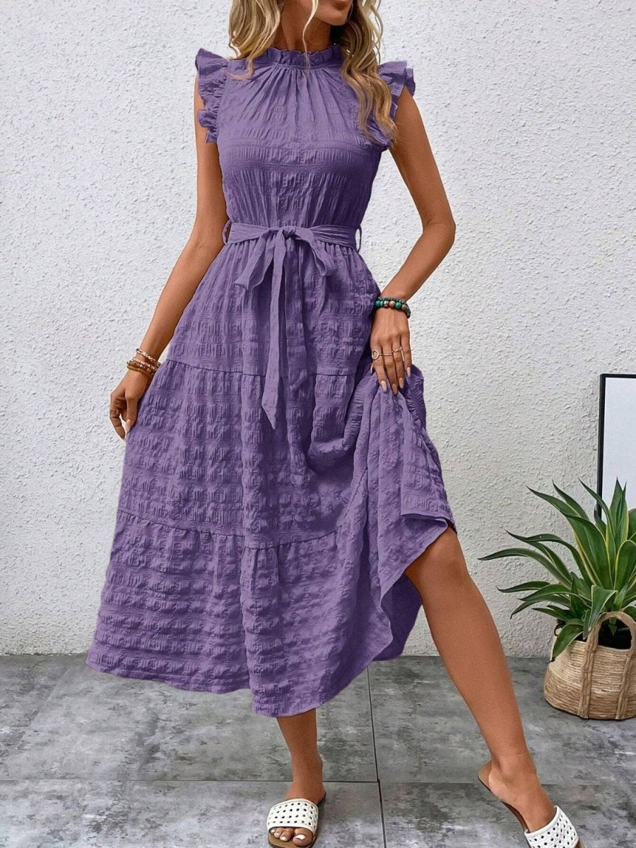 Tied Ruffled Cap Sleeve Midi Dress - AMVIM